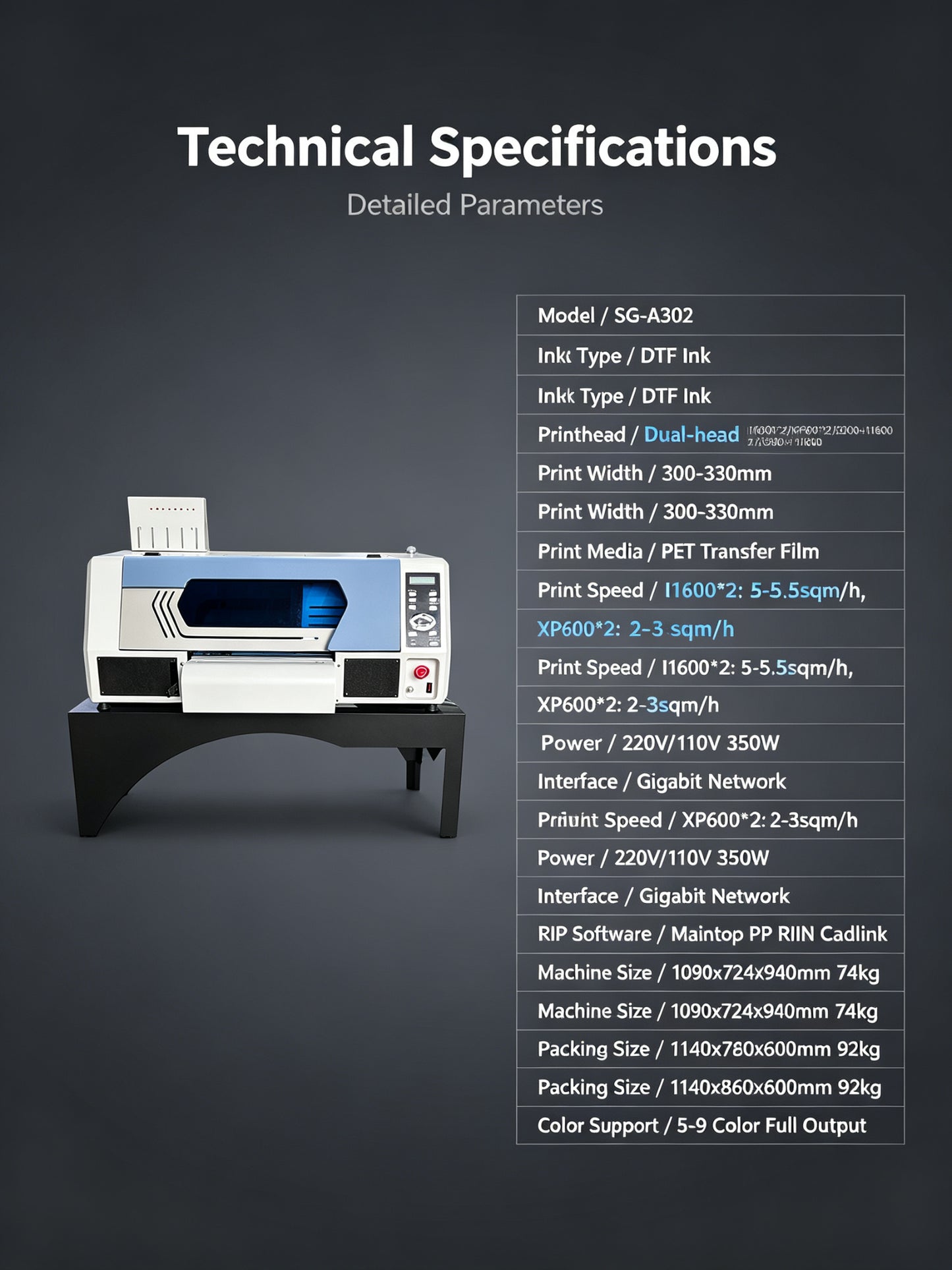 A302 A3 Dual Head DTF Printer 33cm 5-9 Colors Direct to Film Printer for T-Shirt Printing